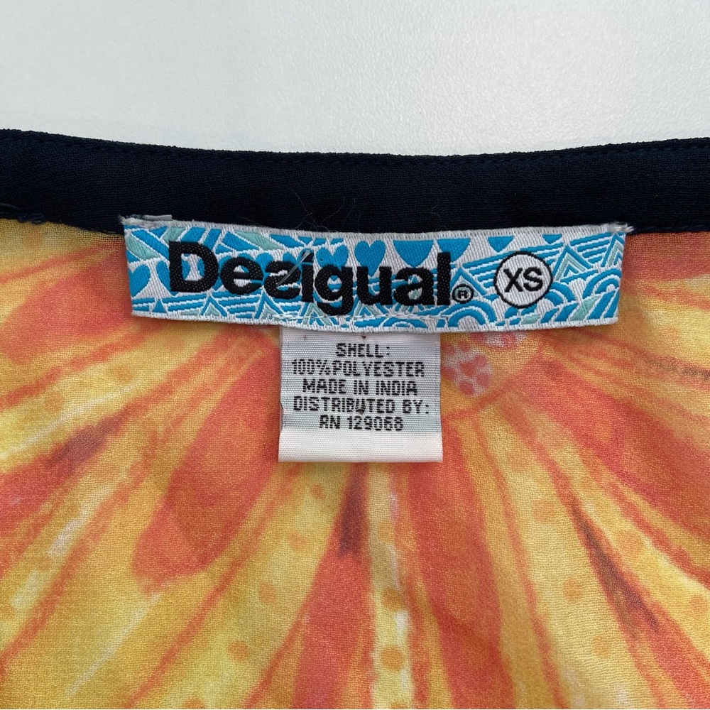 Desigual sheer festive top 3/4 sleeves floral Pom Pom V neckline orange yellow - Picture 4 of 16